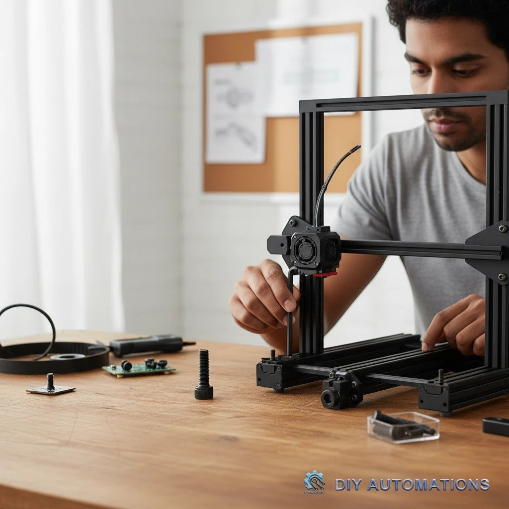 DIY AUTOMATIONS black M5x18 socket head screw on a wooden desk with a person assembling a 3D printer in the background