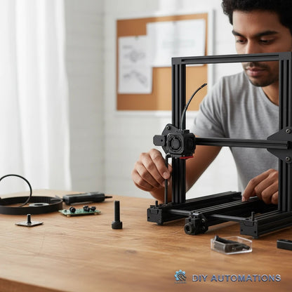 DIY AUTOMATIONS black M5x18 socket head screw on a wooden desk with a person assembling a 3D printer in the background