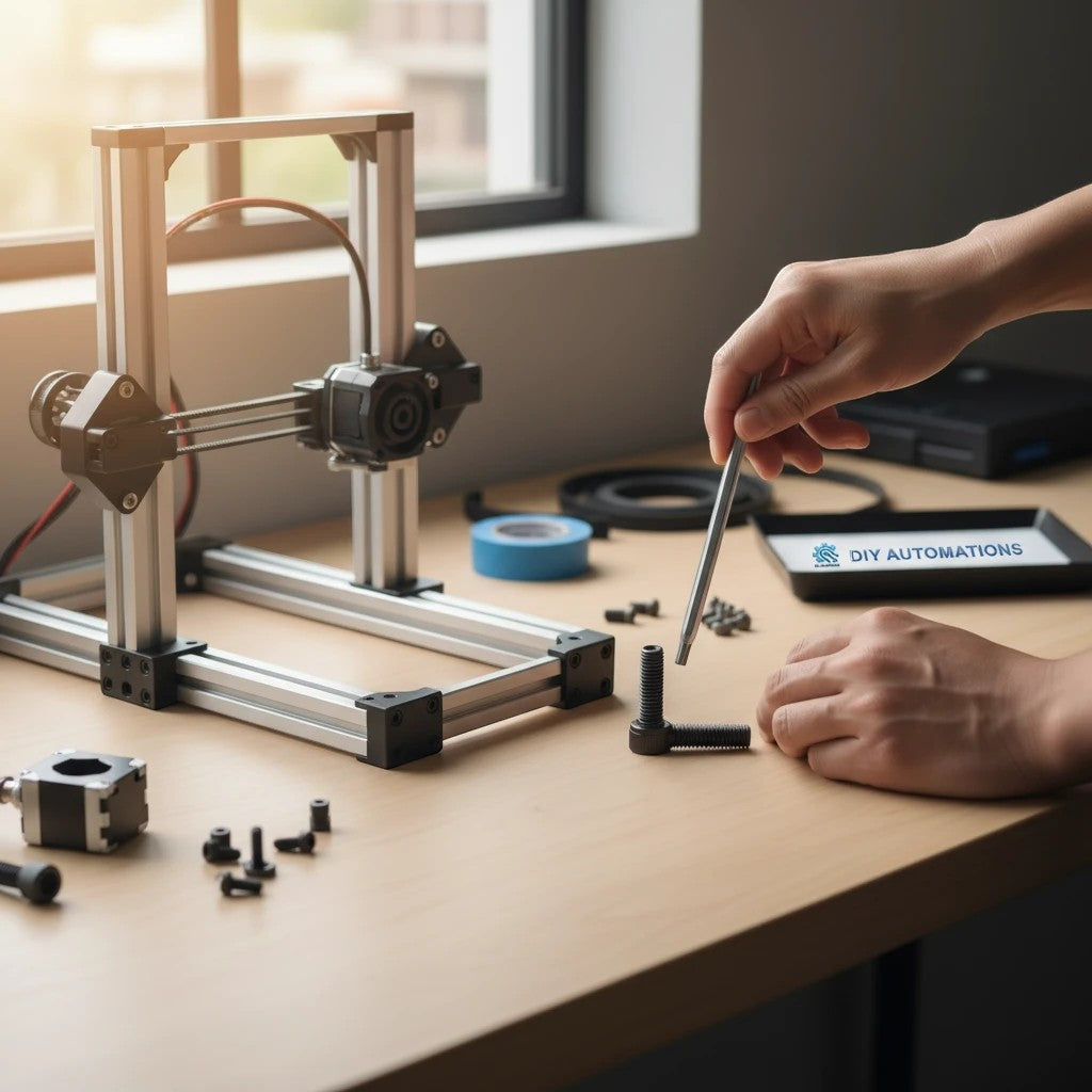 DIY AUTOMATIONS black M3x10 socket head screw being assembled into a 3D printer frame on a workbench