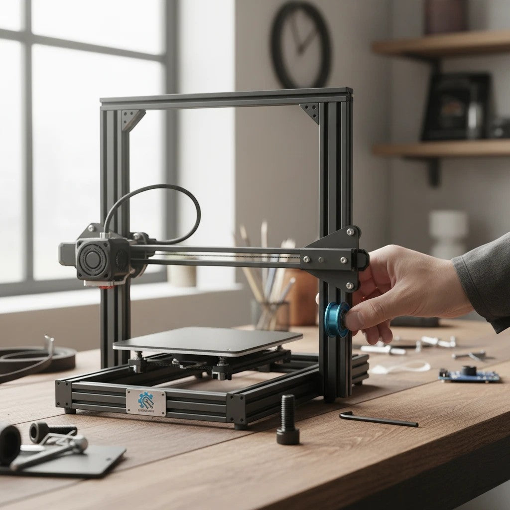 DIY AUTOMATIONS black M6x10 socket head screw on a workbench next to a 3D printer assembly