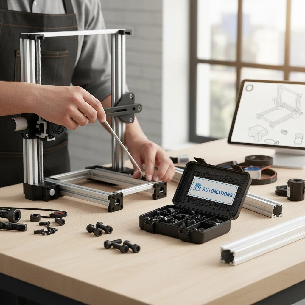 DIY AUTOMATIONS M4x8 black socket head screws in a storage case being used to assemble a 3D printer frame.