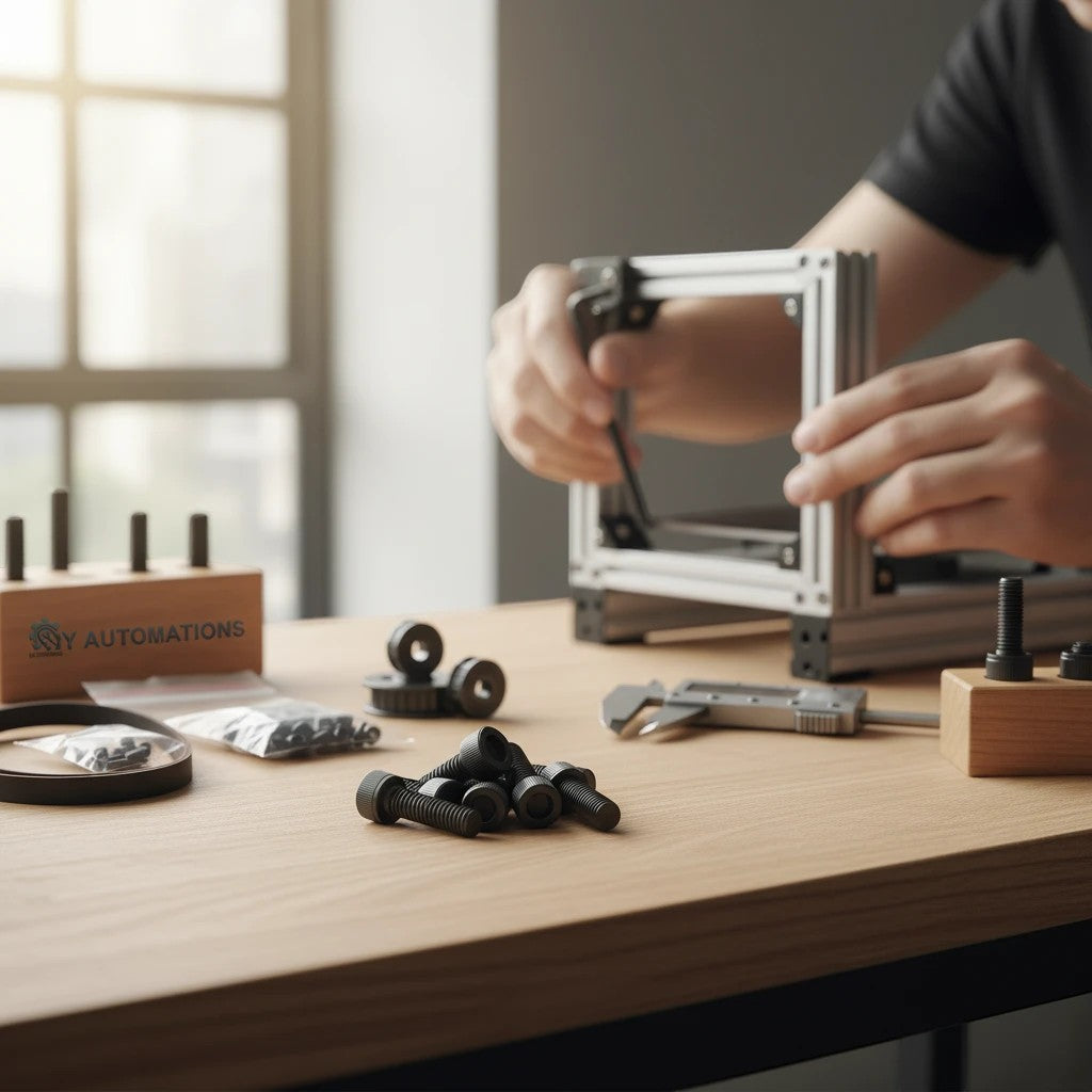 DIY AUTOMATIONS black M3x8 socket head screws on a wooden workbench with assembly tools and aluminum profiles