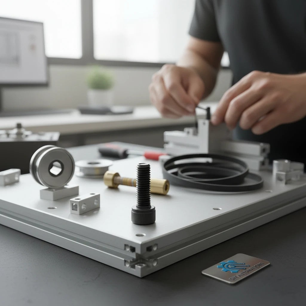 DIY AUTOMATIONS black M3x8 socket head screw on an aluminum assembly plate with tools in the background