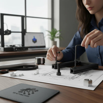 DIY AUTOMATIONS black M5x35 socket head screw being installed with an Allen key on a 3D printer assembly blueprint.