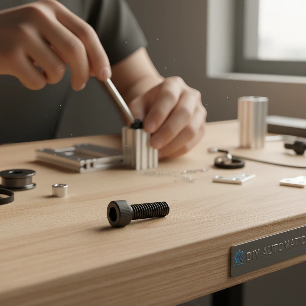 DIY AUTOMATIONS black M3x12 socket head screw on a wooden workbench with assembly tools in the background