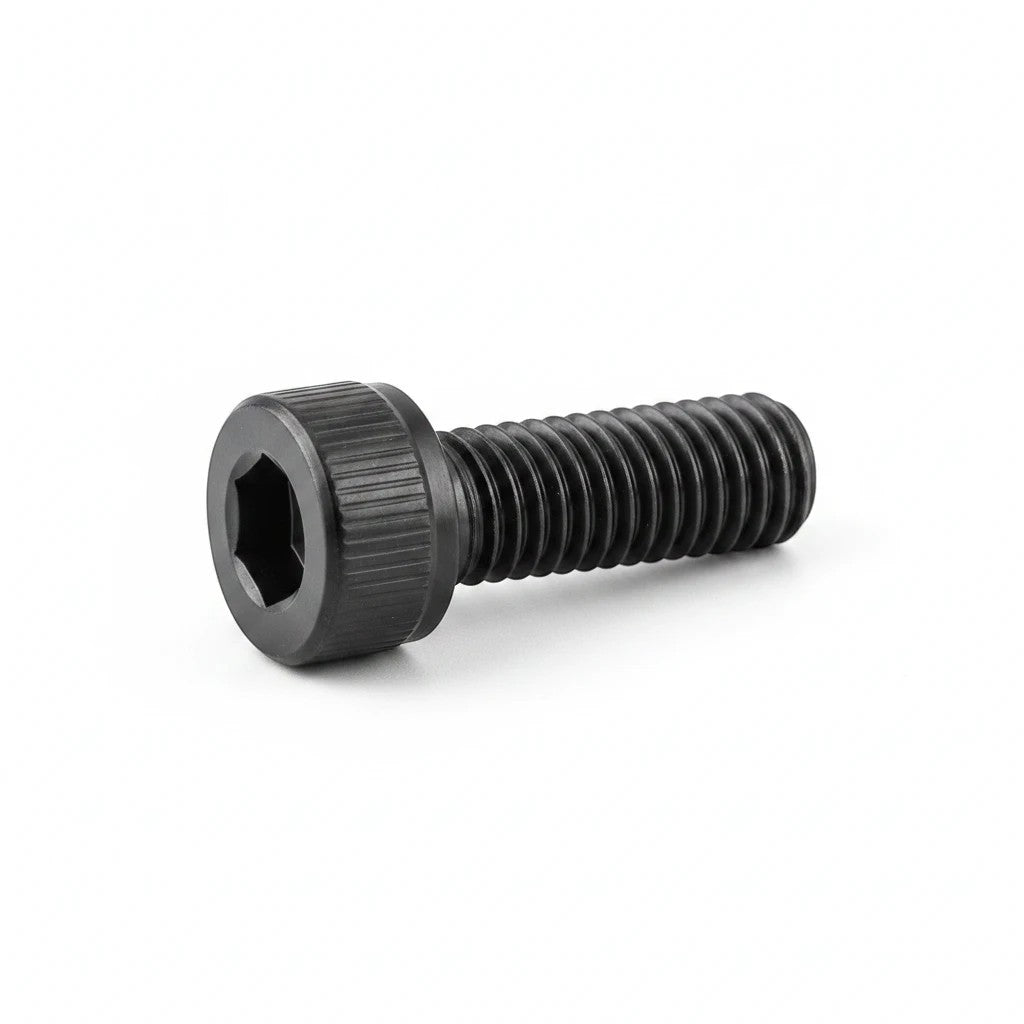 DIY AUTOMATIONS black M8x16 socket head screw with a hexagonal drive, isolated on a white background.