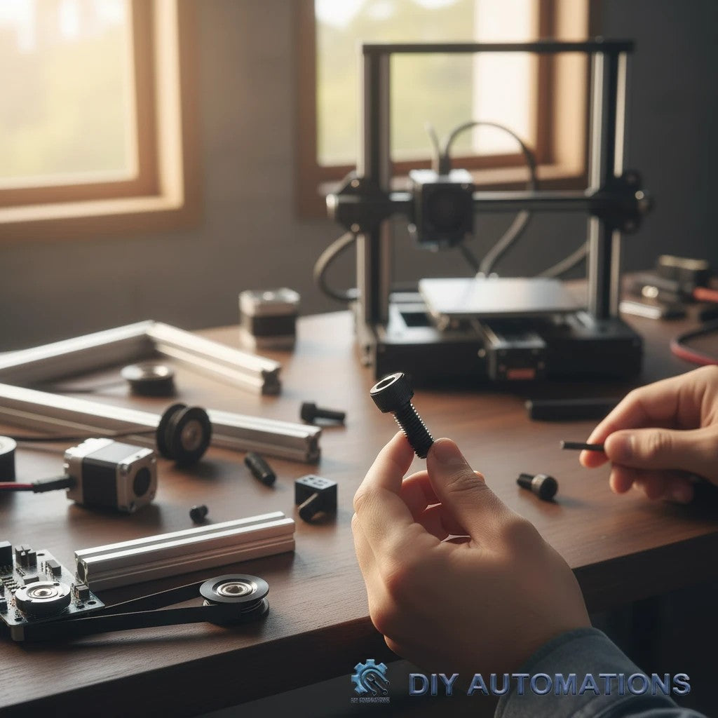 DIY AUTOMATIONS black M6x16 socket head screw held by hand in a workshop with 3D printer parts on the desk