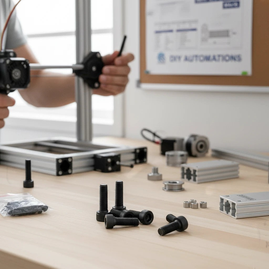 DIY AUTOMATIONS black M4x16 socket head screws on a wooden workbench with 3D printer parts in the background