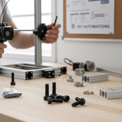 DIY AUTOMATIONS black M4x16 socket head screws on a wooden workbench with 3D printer parts in the background