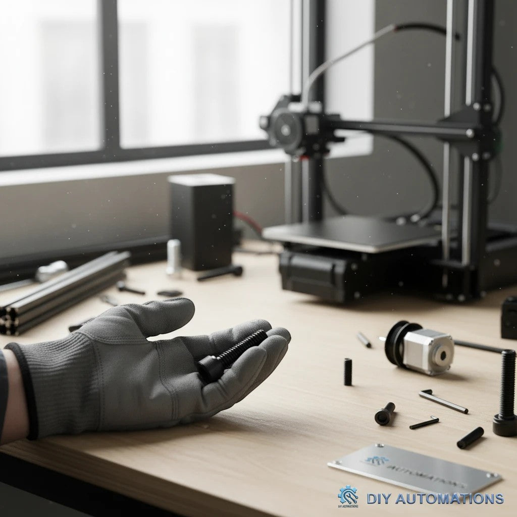 DIY AUTOMATIONS black M3x10 socket head screw held in a gloved hand on a workbench with 3D printer parts