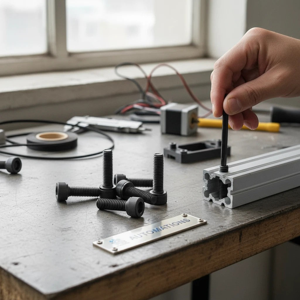 DIY AUTOMATIONS black M4x12 socket head screw being installed into an aluminum extrusion profile on a workbench