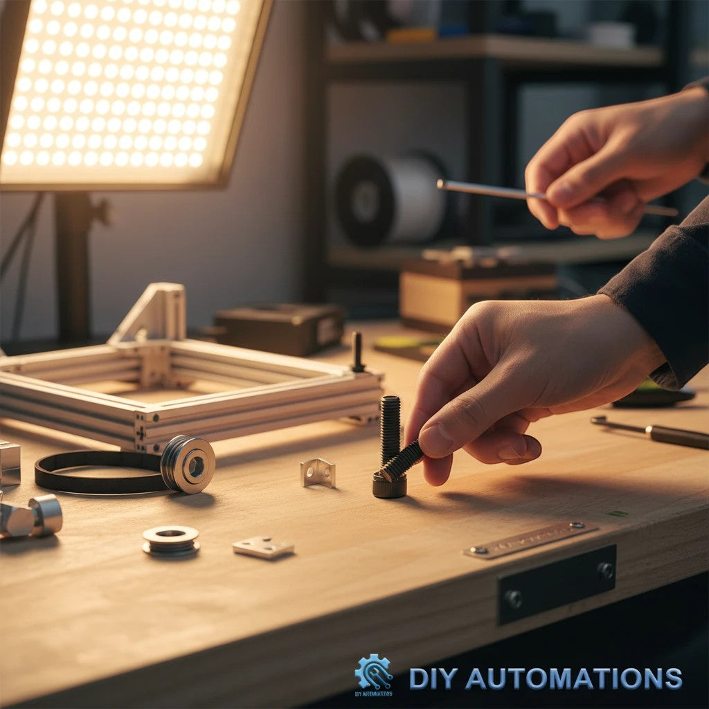 DIY AUTOMATIONS black M3x40 socket head screw being held by a person on a workbench with mechanical components