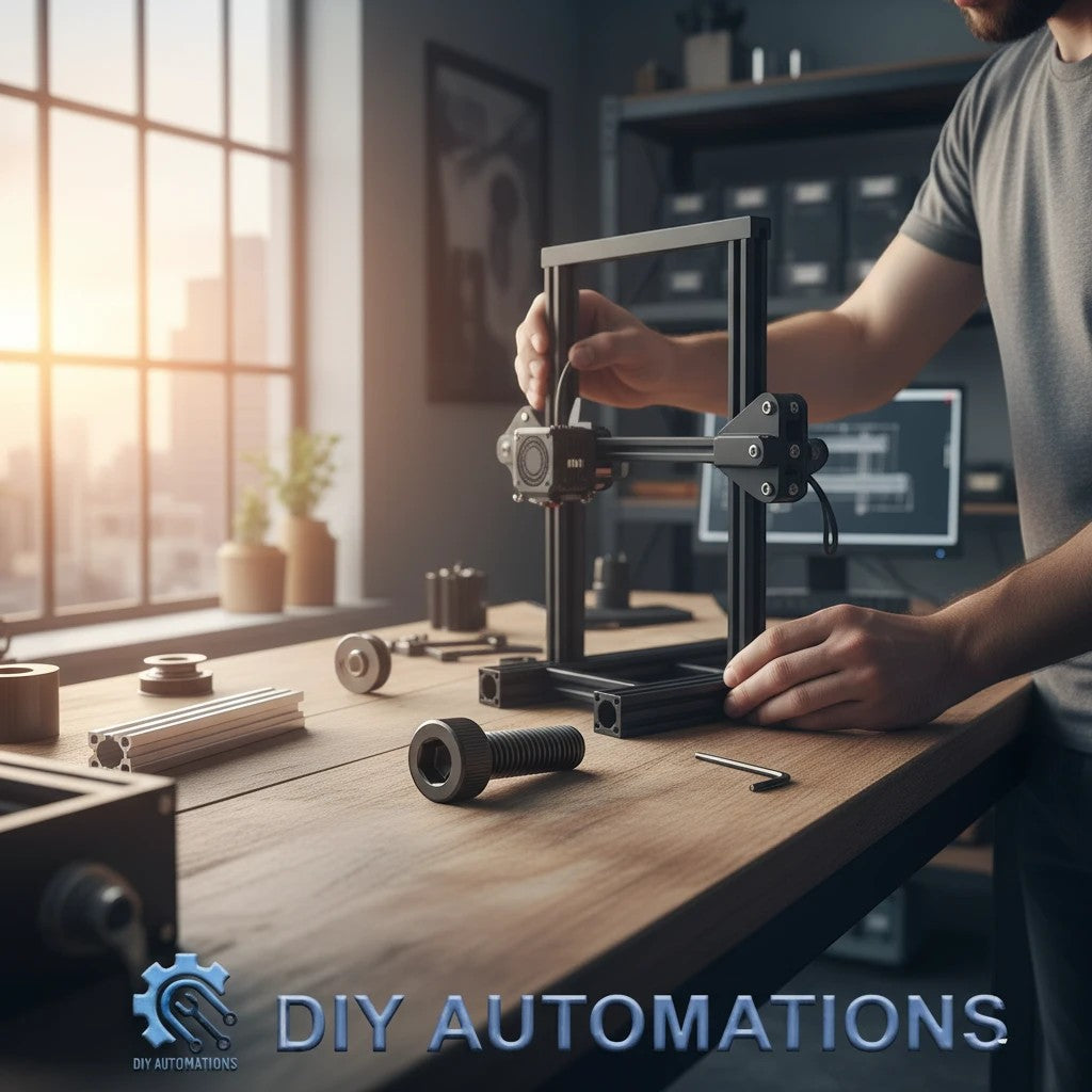 DIY AUTOMATIONS black M5x25 socket head screw on a wooden workbench during 3D printer assembly