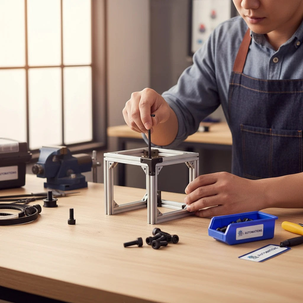 DIY AUTOMATIONS person using an Allen key to fasten a black M6x20 socket head screw into an aluminum extrusion frame.