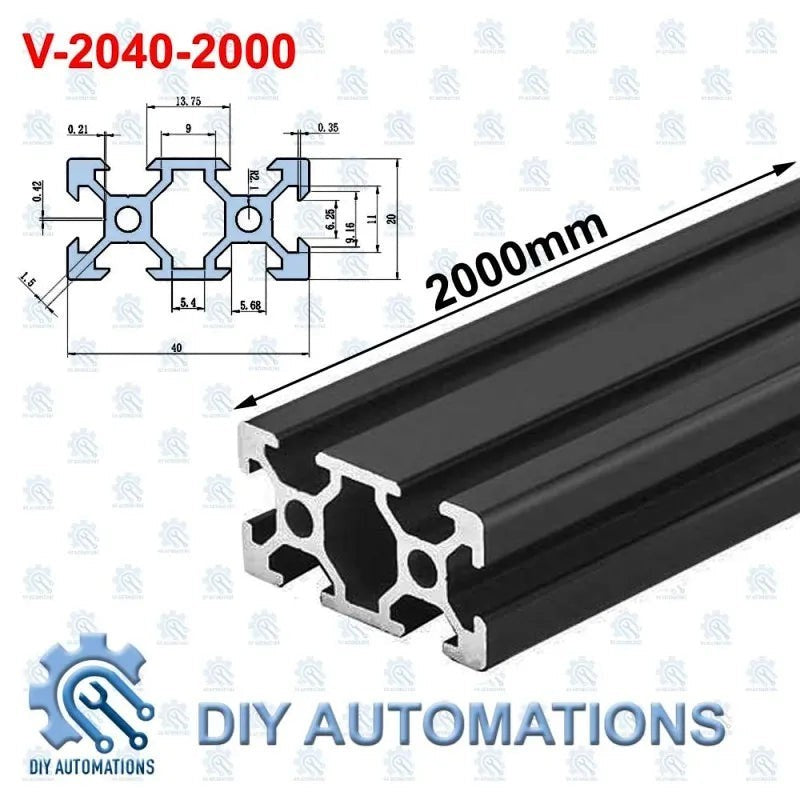 DIY Automations black 2000mm V-slot aluminium profile extrusion with V-2040 dimensions shown.