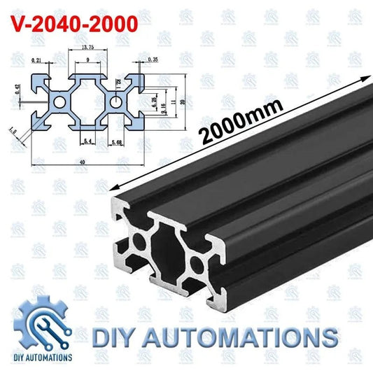 DIY Automations black 2000mm V-slot aluminium profile extrusion with V-2040 dimensions shown.