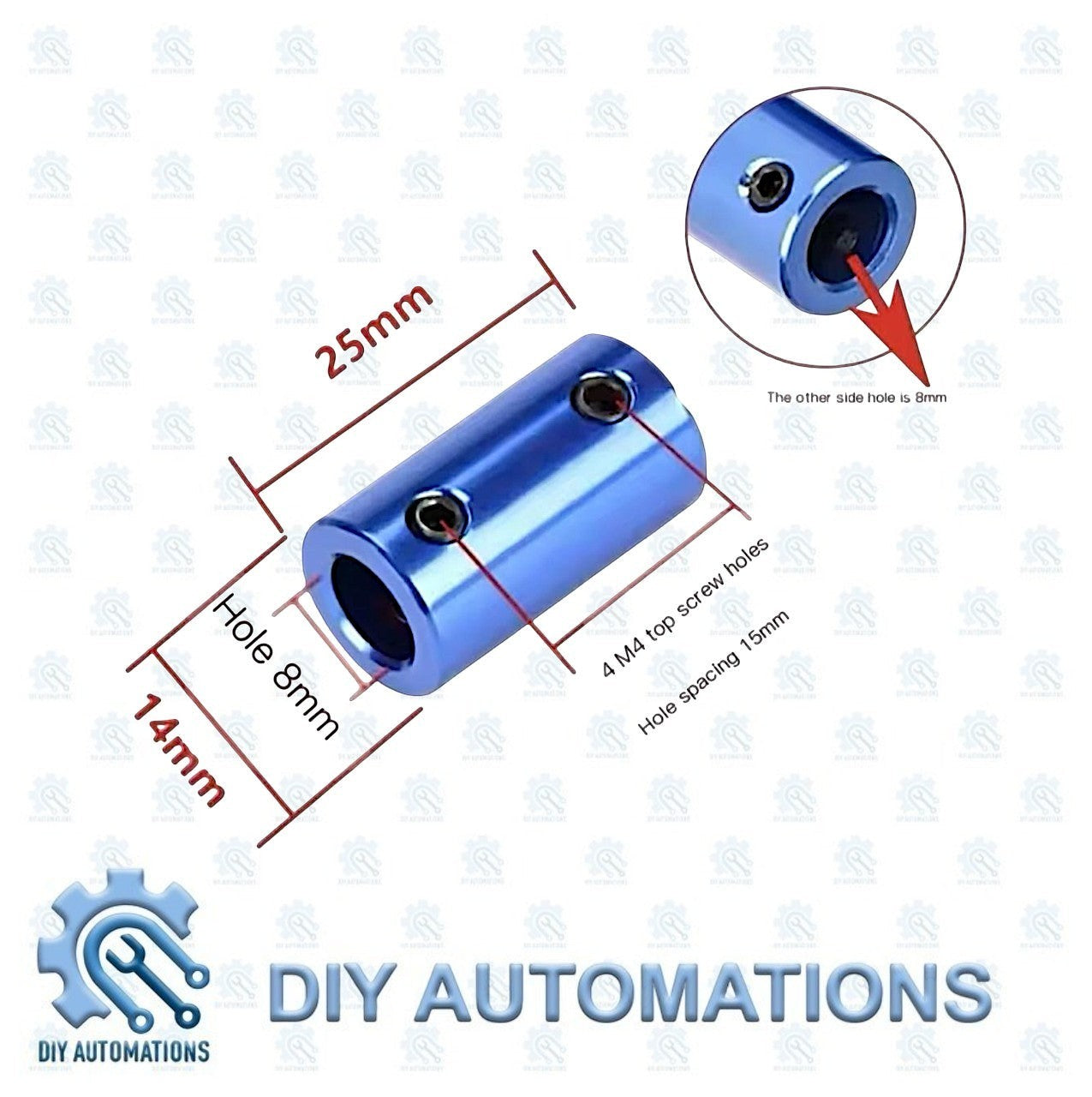 DIY AUTOMATIONS blue aluminum shaft coupler, 25mm length, 8mm bore diameter, with two set screws for robotic projects.