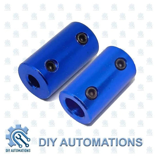 DIY Automations blue aluminum shaft coupler with set screws for motor and shaft connection.