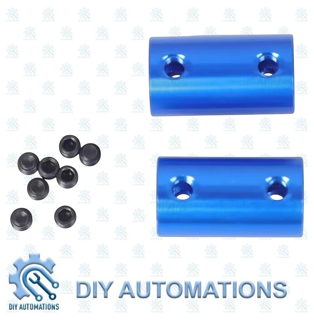 DIY AUTOMATIONS blue aluminum fixed shaft coupler with two set screws, ideal for robotics.
