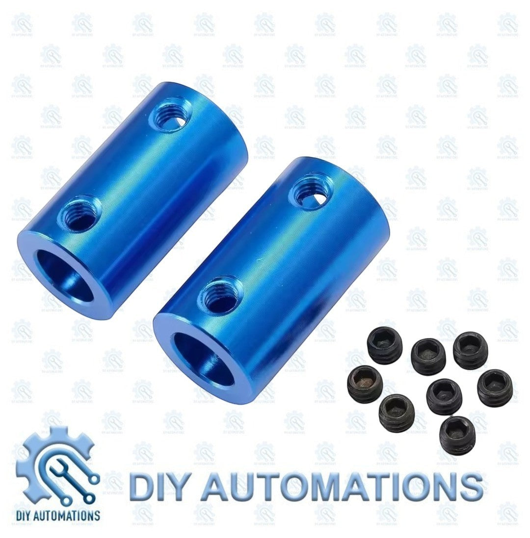 DIY Automations blue aluminum fixed shaft coupler with set screws for robotic projects