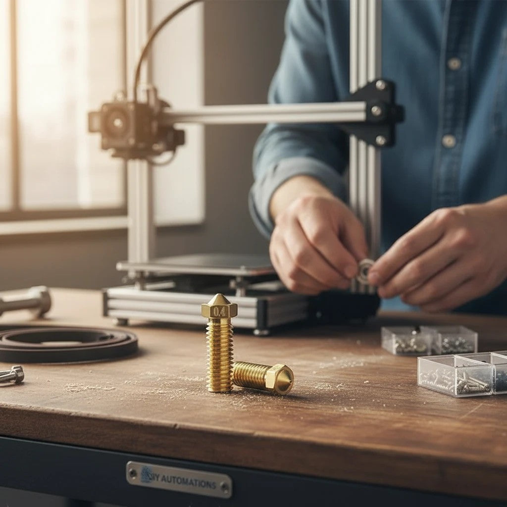 DIY AUTOMATIONS 0.4mm brass Volcano 3D printer nozzle on a workbench with a 3D printer in the background.