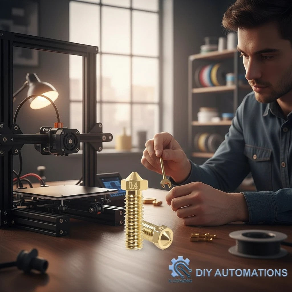 DIY AUTOMATIONS 0.4mm brass Volcano 3D printer extruder nozzle for precise filament extrusion and thermal efficiency.