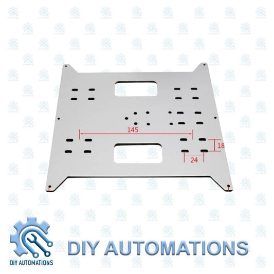 DIY Automations 200x200mm silver aluminum carriage plate for 3D printers, featuring multiple mounting holes and cutouts.