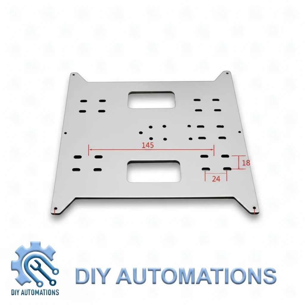 DIY AUTOMATIONS 200mmx200mm metal carriage plate with pre-drilled mounting slots for CNC and robotics projects.