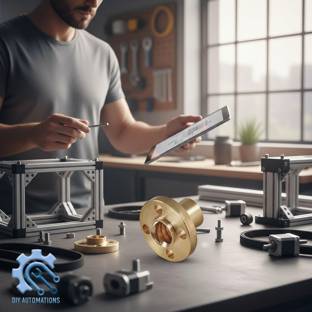 DIY Automations flanged brass nut for T8 lead screw, with precise threading and corrosion resistance.