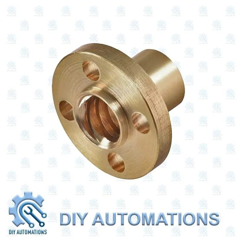 DIY Automations flanged brass nut for T8 lead screw with 4 mounting holes and internal threading.