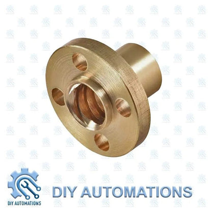 DIY Automations flanged brass nut for T8 lead screw with 4 mounting holes and internal threading.