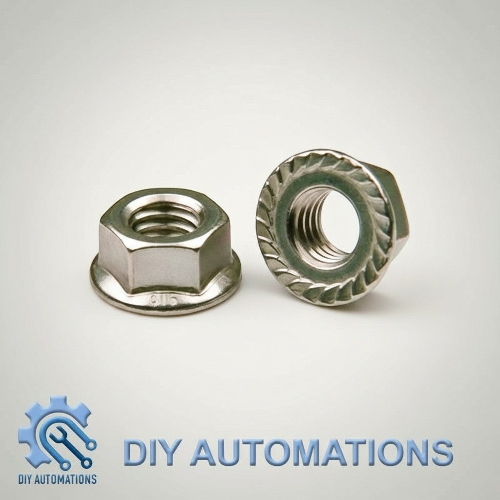 DIY AUTOMATIONS M4 flanged hex nut, stainless steel with serrated flange for secure grip and vibration resistance.