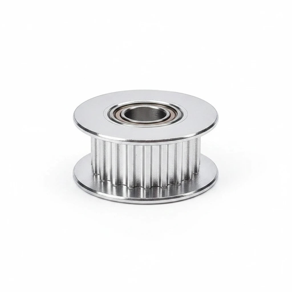 DIY AUTOMATIONS 16-tooth aluminum GT2 timing idler pulley for 6mm belts with integrated bearing in silver finish.