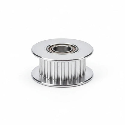 DIY AUTOMATIONS 16-tooth aluminum GT2 timing idler pulley for 6mm belts with integrated bearing in silver finish.