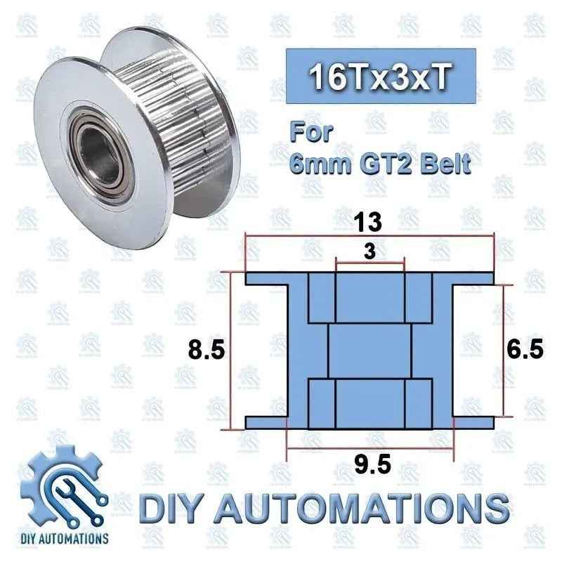 DIY AUTOMATIONS silver aluminum 16-tooth GT2 timing pulley for 6mm belts, with integrated bearing and detailed dimensions.