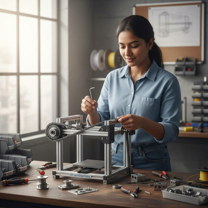 DIY Automations engineer assembling a 7x7 industrial drive chain on a metal frame structure.