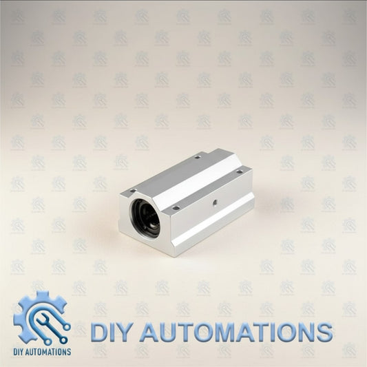 DIY AUTOMATIONS silver aluminum linear bearing block assembly for 3D printers and CNC machines.