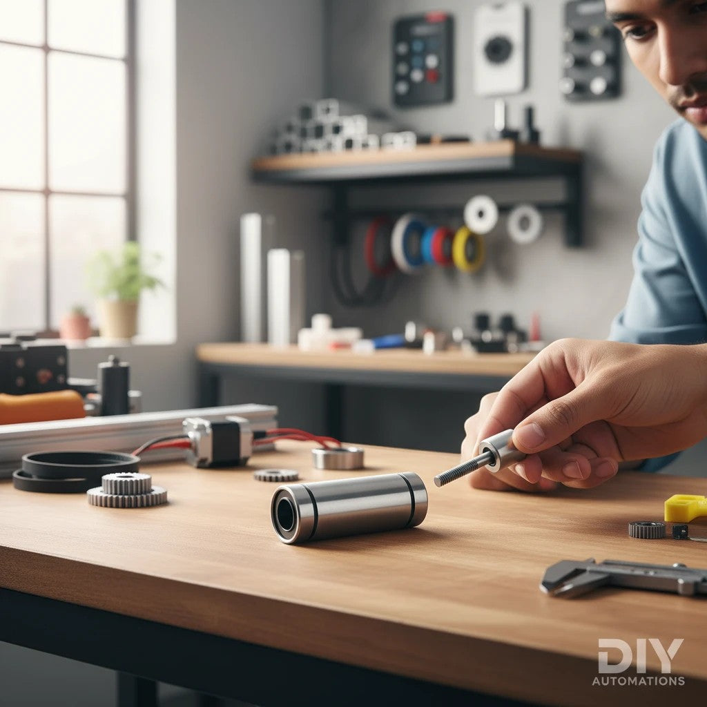 DIY AUTOMATIONS LM 10Luu linear motion ball bearing on a workshop table with tools for CNC and 3D printer assembly.