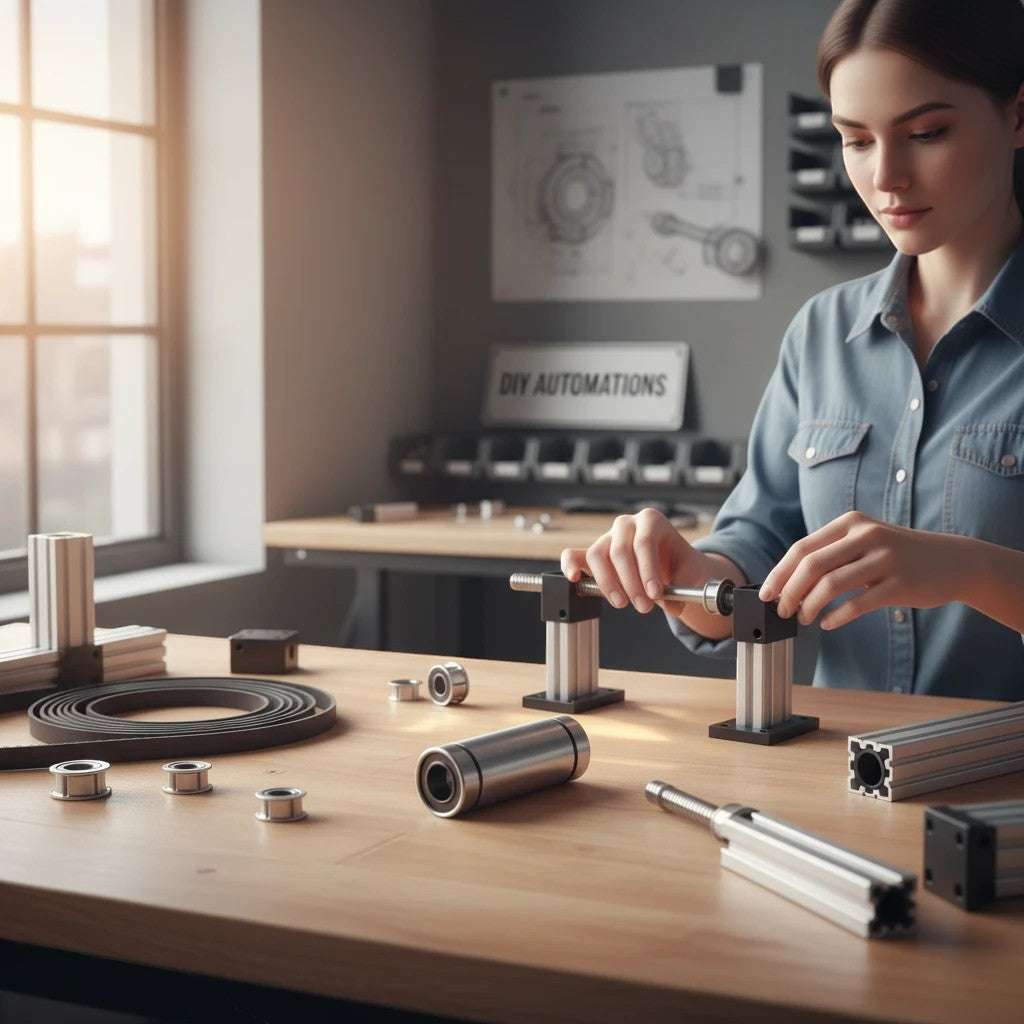 DIY AUTOMATIONS technician assembling a metal LM 10Luu linear motion ball bearing for CNC machinery in a workshop.
