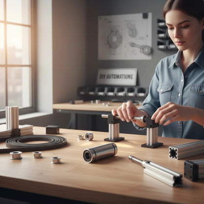 DIY AUTOMATIONS technician assembling a metal LM 10Luu linear motion ball bearing for CNC machinery in a workshop.