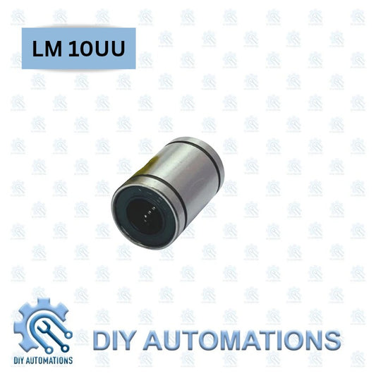 DIY Automations LM 10UU linear bearing, silver metal cylinder with black seals and internal ball bearings.