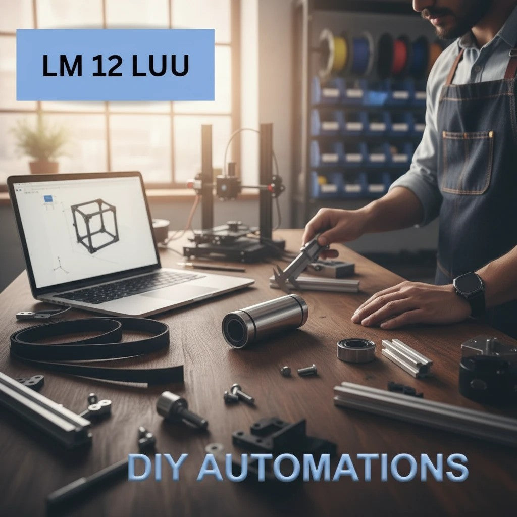 DIY AUTOMATIONS LM 12Luu linear motion ball bearing on a workshop table with 3D printer parts and tools