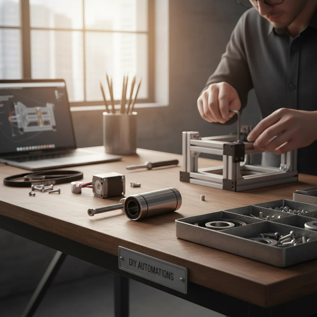DIY AUTOMATIONS LM 13Luu linear motion bearing on a workbench with an engineer assembling a 3D printer frame.