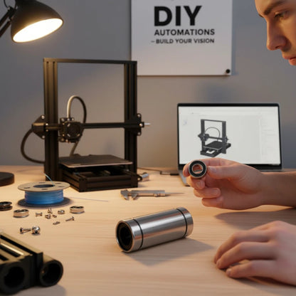 DIY AUTOMATIONS LM 13Luu linear motion bearing on a workbench with 3D printer parts and a technician.