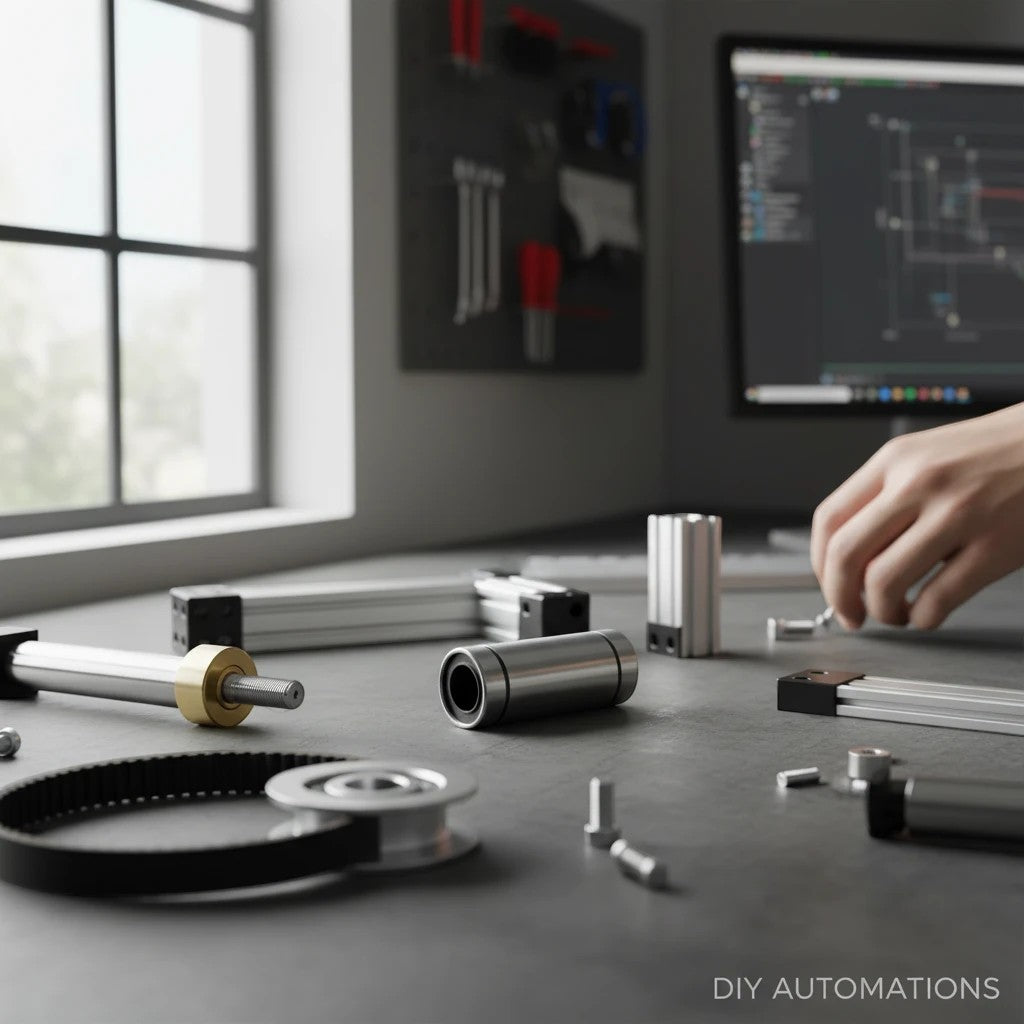 DIY AUTOMATIONS LM 13LUU linear motion bearing on a workshop desk with 3D printer parts and tools in the background.