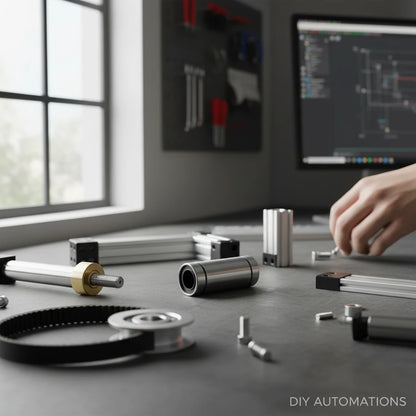 DIY AUTOMATIONS LM 13LUU linear motion bearing on a workshop desk with 3D printer parts and tools in the background.