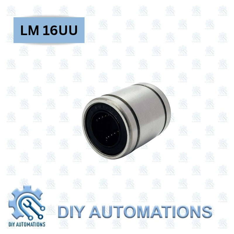 DIY Automations LM 16UU linear motion bearing, silver metal exterior with black inner seal and ball bearings.
