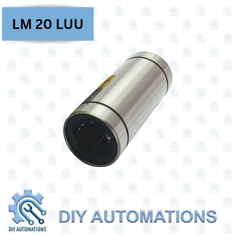 DIY Automations LM 20Luu linear bearing, silver metal cylinder with black interior and ball bearings.