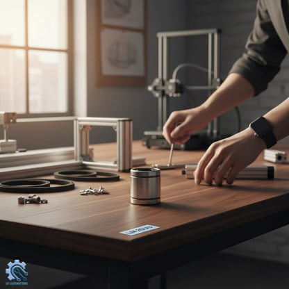 DIY AUTOMATIONS LM 20uu linear motion ball bearing on a workshop table with 3D printer parts and tools.