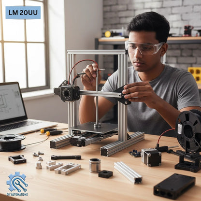 DIY AUTOMATIONS LM 20UU linear motion ball bearing used in a 3D printer assembly project by a technician.